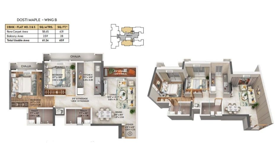 Dosti-Maple-Floor-Plan-B Wing-2 BHK-659 Sqft